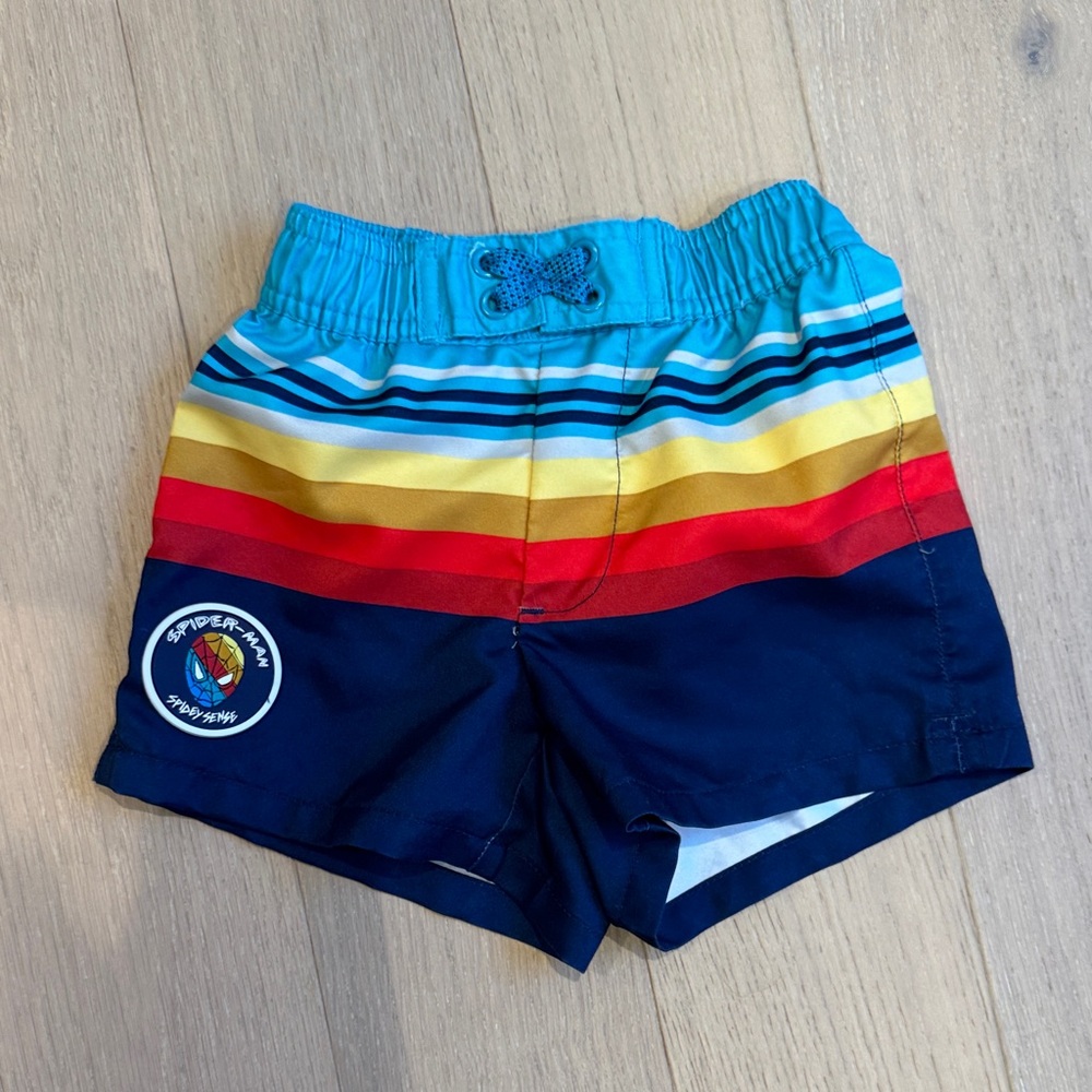 Spiderman Kids Rainbow Striped Shorts - Blue and Red